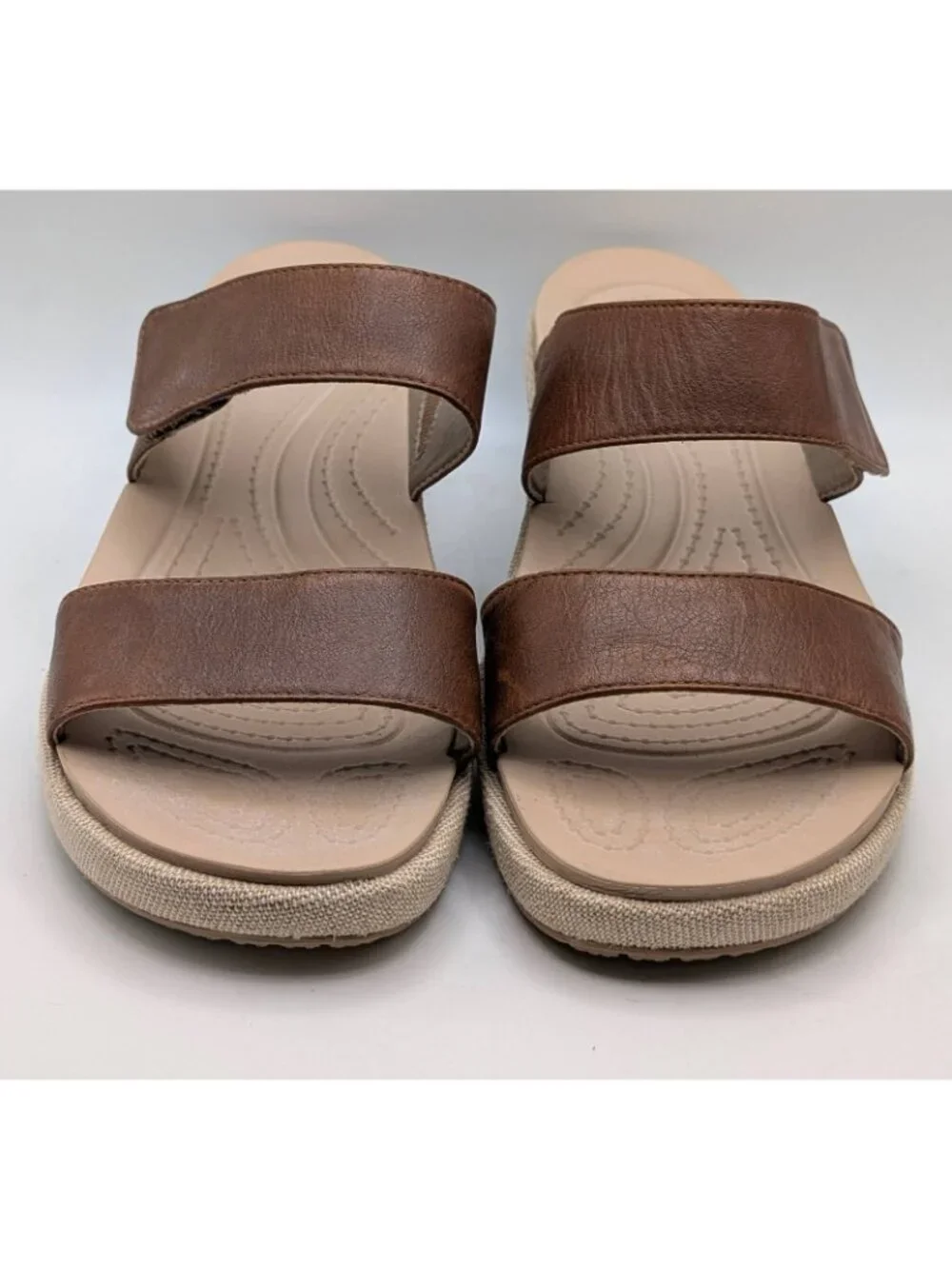 Crocs Leigh Wedge Strappy Leather Wedges Sandals Women's Sz 9 Brown Tan Comfort
